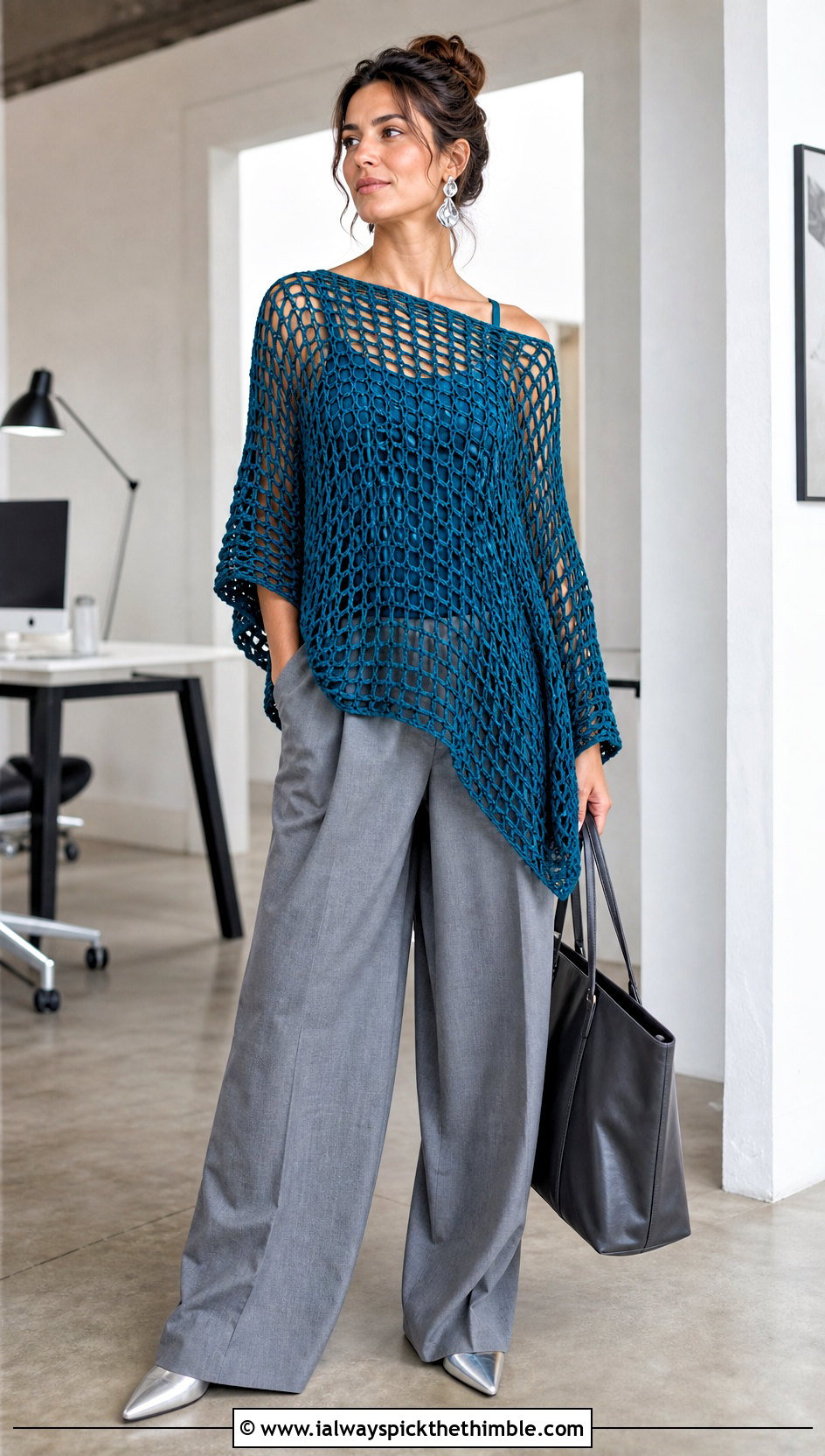 Mesh Crochet Poncho With Wide Leg Trousers - 15 diy crochet poncho outfit ideas