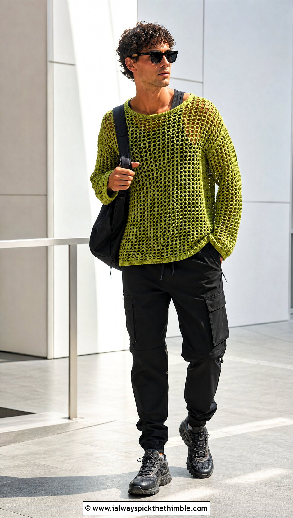 Mesh Crochet Pullover With Technical Cargo Pants - 25 men's crochet sweater ideas