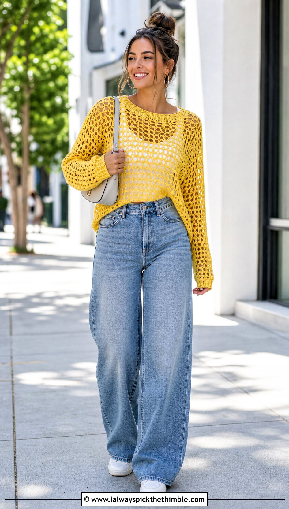 Mesh Crochet Pullover With Wide Leg Jeans - 25 crochet sweater design outfit ideas