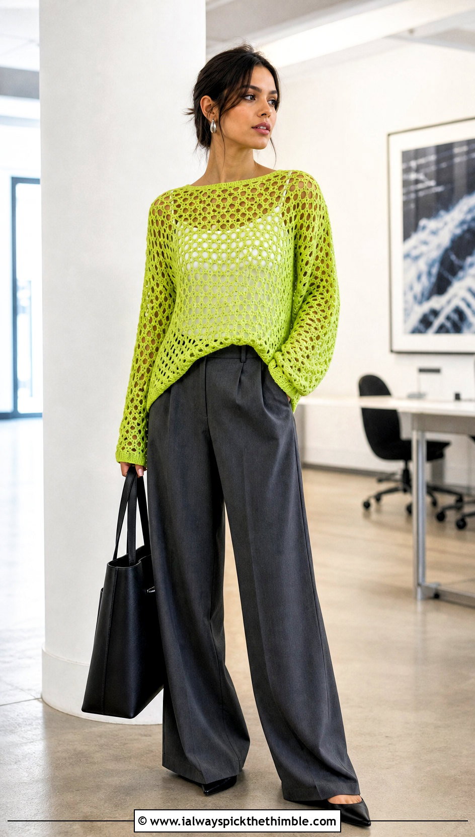 Mesh Crochet Pullover With Wide Leg Trousers - 15 Crochet Projects Sweaters outfit ideas