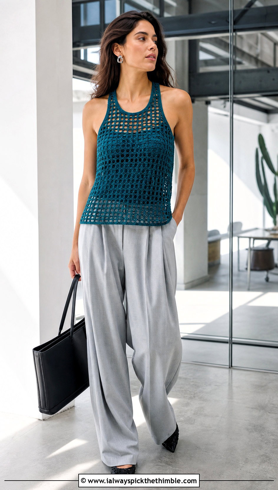 Mesh Crochet Racerback Tank Top With Wide Leg Trousers - 20 Crochet Racerback Tank Tops outfit ideas