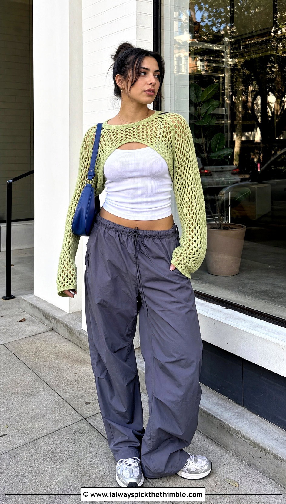 Mesh Crochet Raglan Sweater With Parachute Pants - 25 crochet raglan sweater outfit ideas