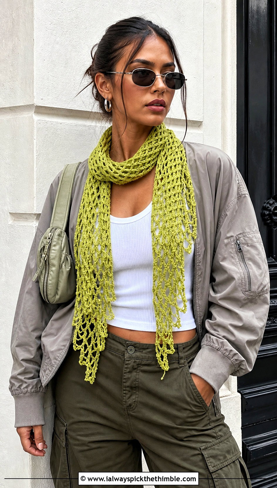 Mesh Crochet Ribbon Scarf With Tank Top And Cargo Pants - 15 Crochet Ribbon Scarf outfit ideas