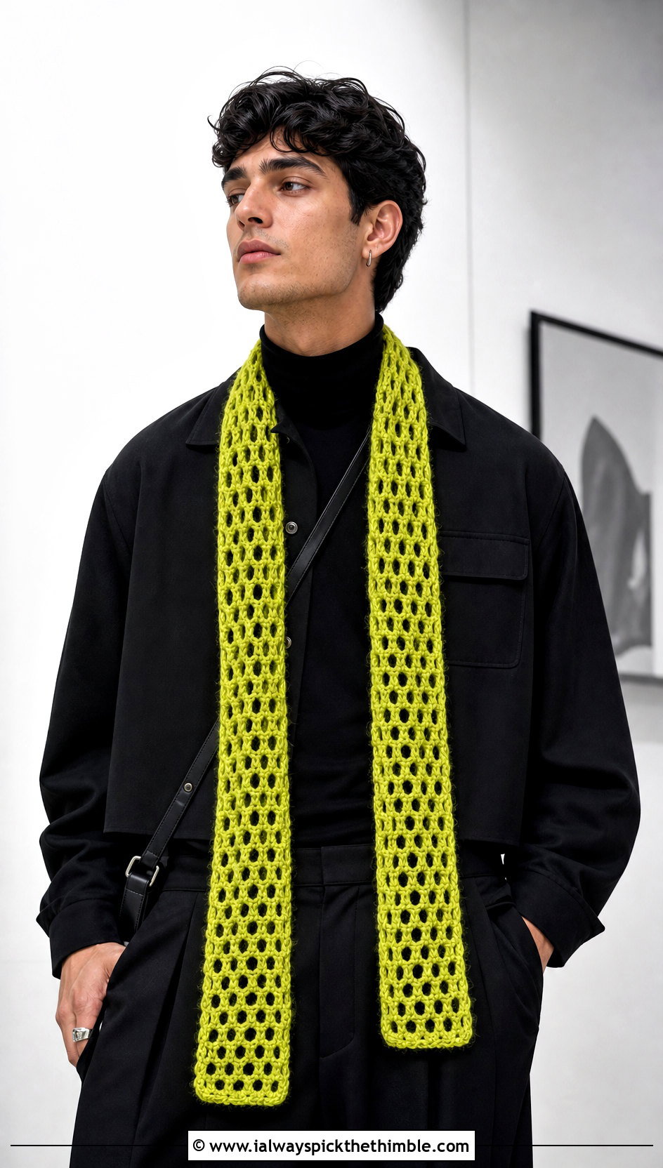 Mesh Crochet Scarf With All Black Outfit - 20 men's crocheted scarf outfit ideas