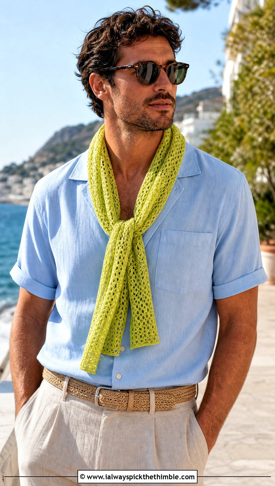 Mesh Crochet Scarf With Camp Collar Shirt - 20 easy crochet scarf men outfit ideas