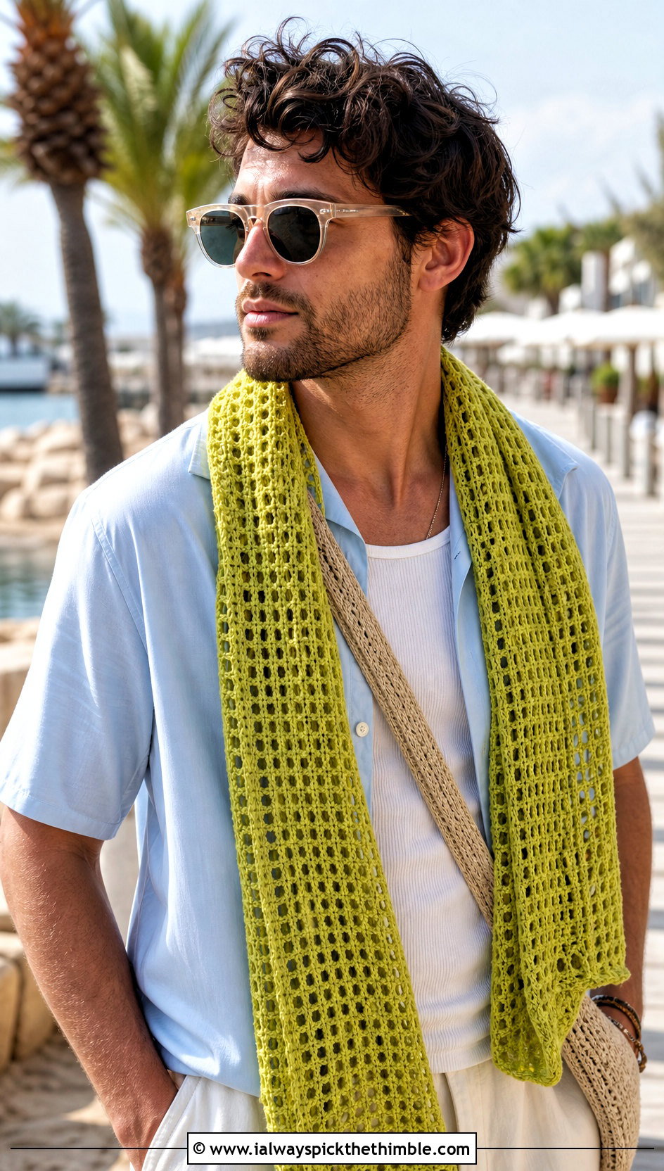Mesh Crochet Scarf With Camp Collar Shirt - 25 crochet scarf for men outfit ideas