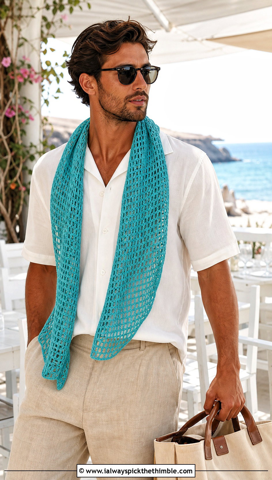 Mesh Crochet Scarf With Camp Collar Shirt - 20 crochet scarf ideas for men