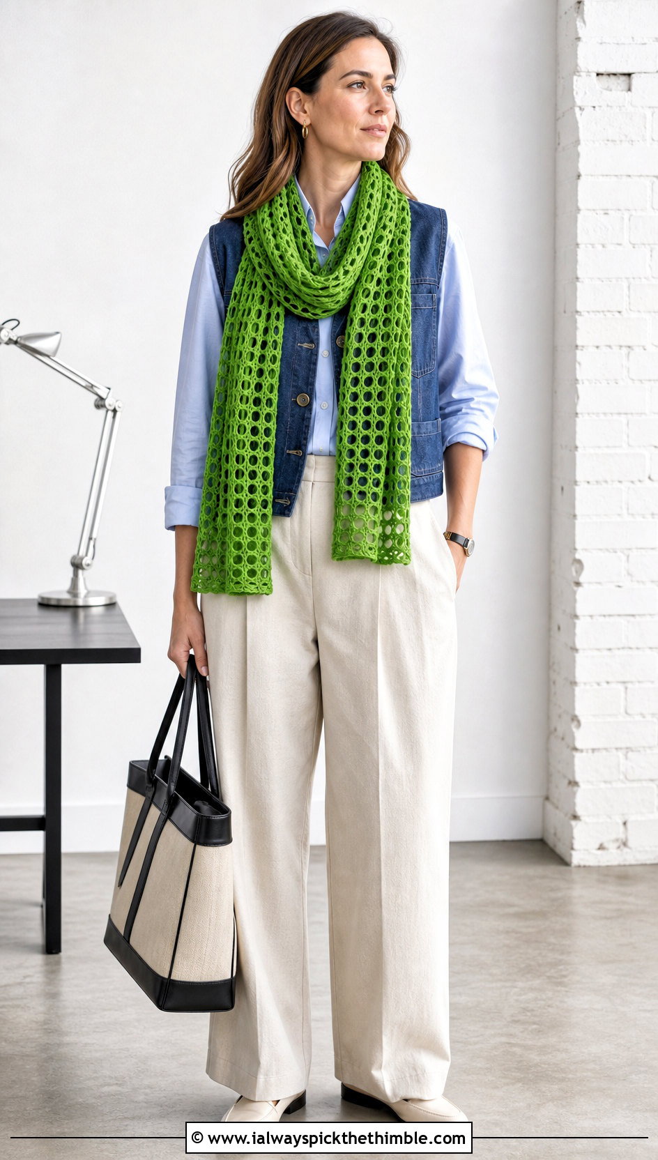 Mesh Crochet Scarf With Denim Vest - 20 denim and crochet scarf outfit ideas