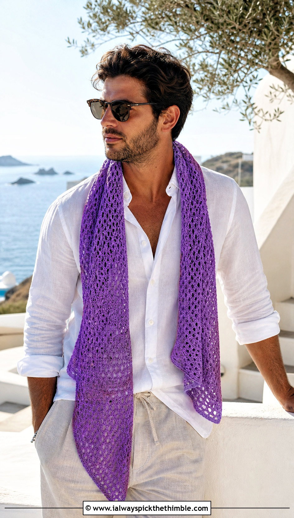 Mesh Crochet Scarf With Linen Shirt - 25 men's crochet scarf outfit ideas