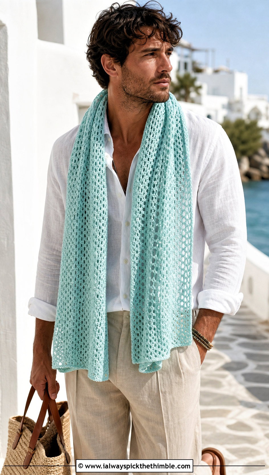 Mesh Crochet Scarf With Linen Shirt - 20 Mens Crochet Scarf outfit ideas