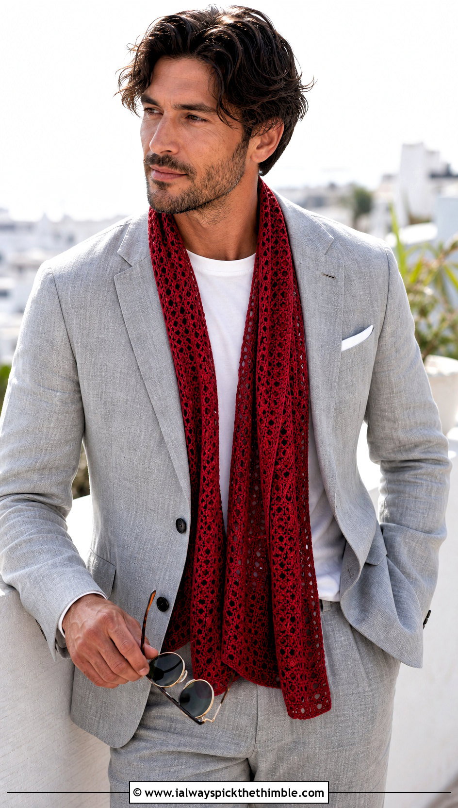 Mesh Crochet Scarf With Linen Suit - 25 men crochet scarf outfit ideas