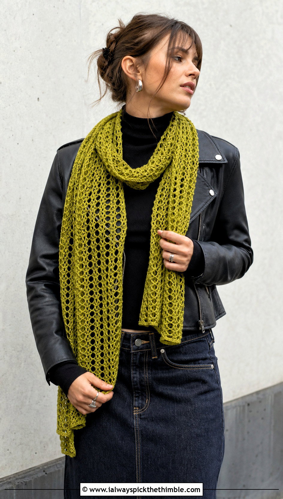 Mesh Crochet Scarf With Moto Jacket And Denim Maxi Skirt - 25 Winter Crochet Scarfs For Women outfit ideas