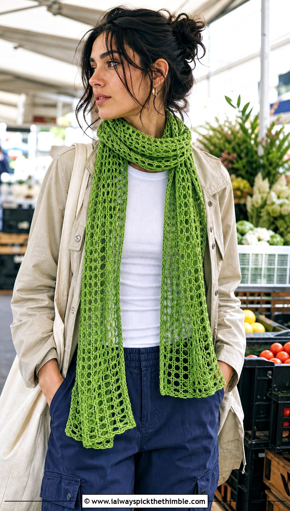 Mesh Crochet Scarf With Utility Jacket - 20 Crochet Scarf For Beginners outfit ideas