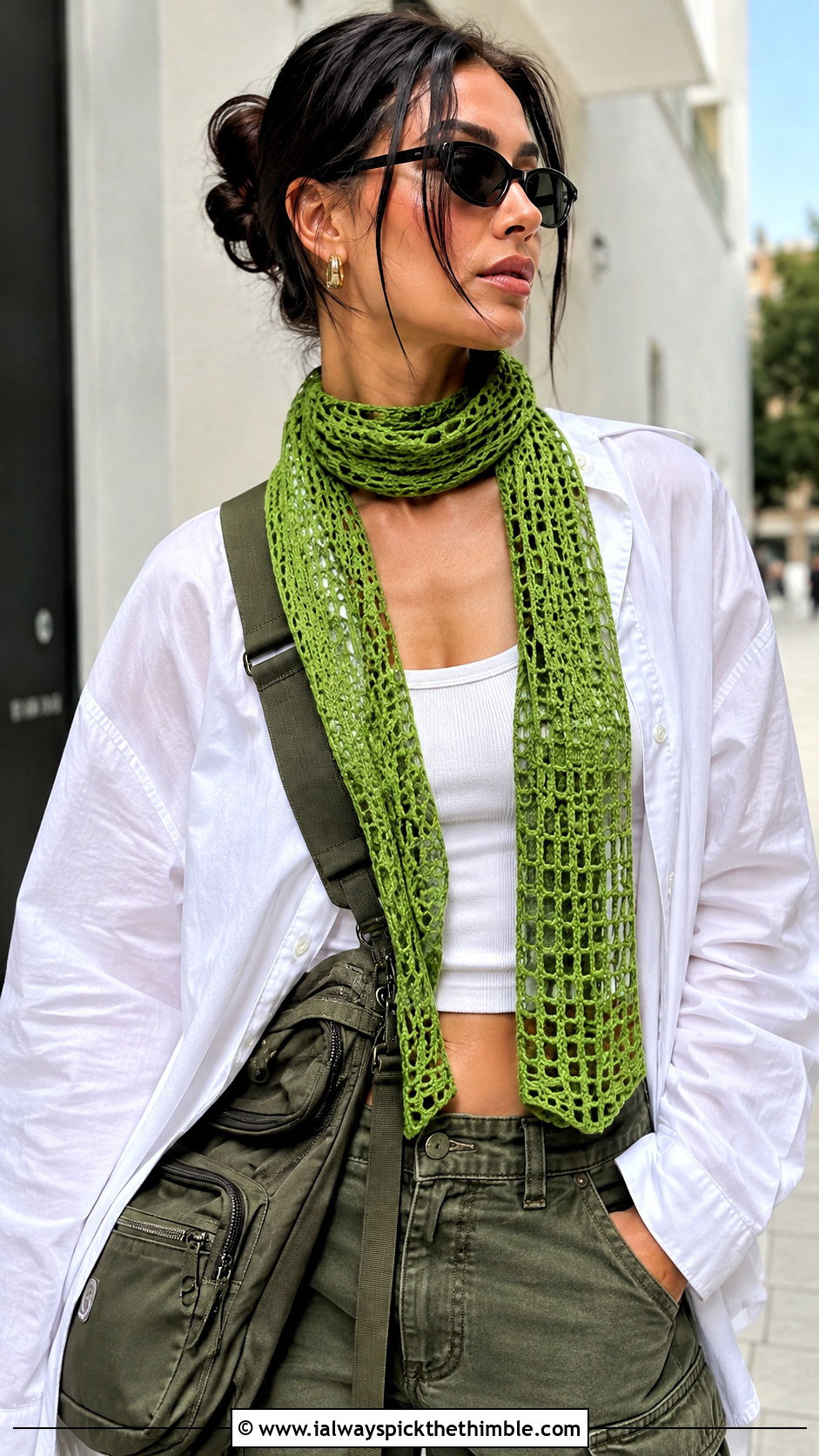 Mesh Crochet Scarf With White Shirt And Cargo Pants - 25 easy crochet scarf for beginners outfit ideas
