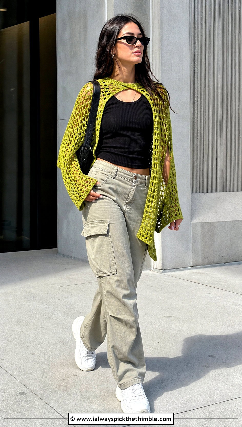 Mesh Crochet Shawl With Cargo Pants - 20 crochet shawl with arm holes outfit ideas