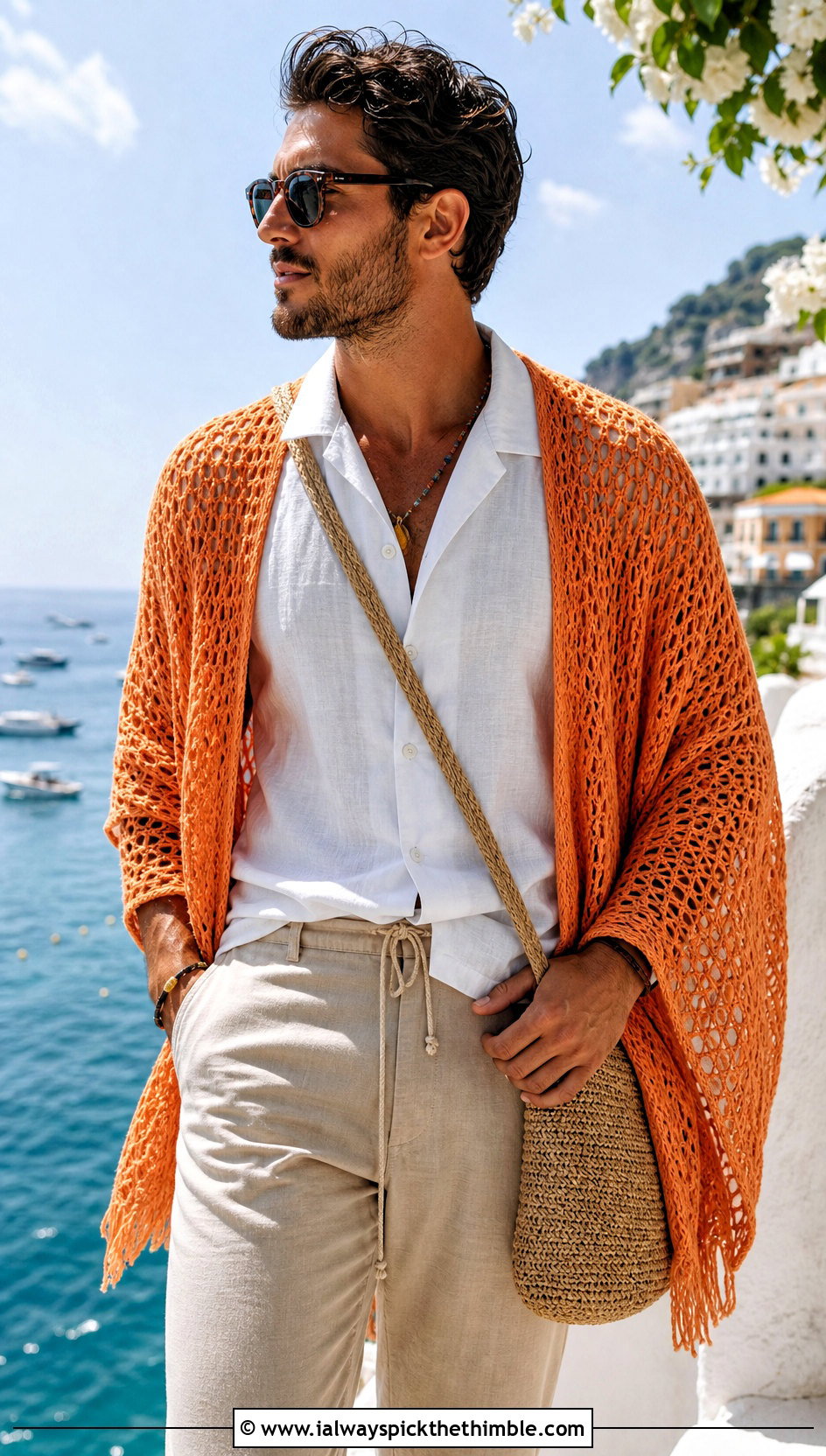 Mesh Crochet Shawl With Linen Shirt - 20 crochet shawl for men outfit ideas