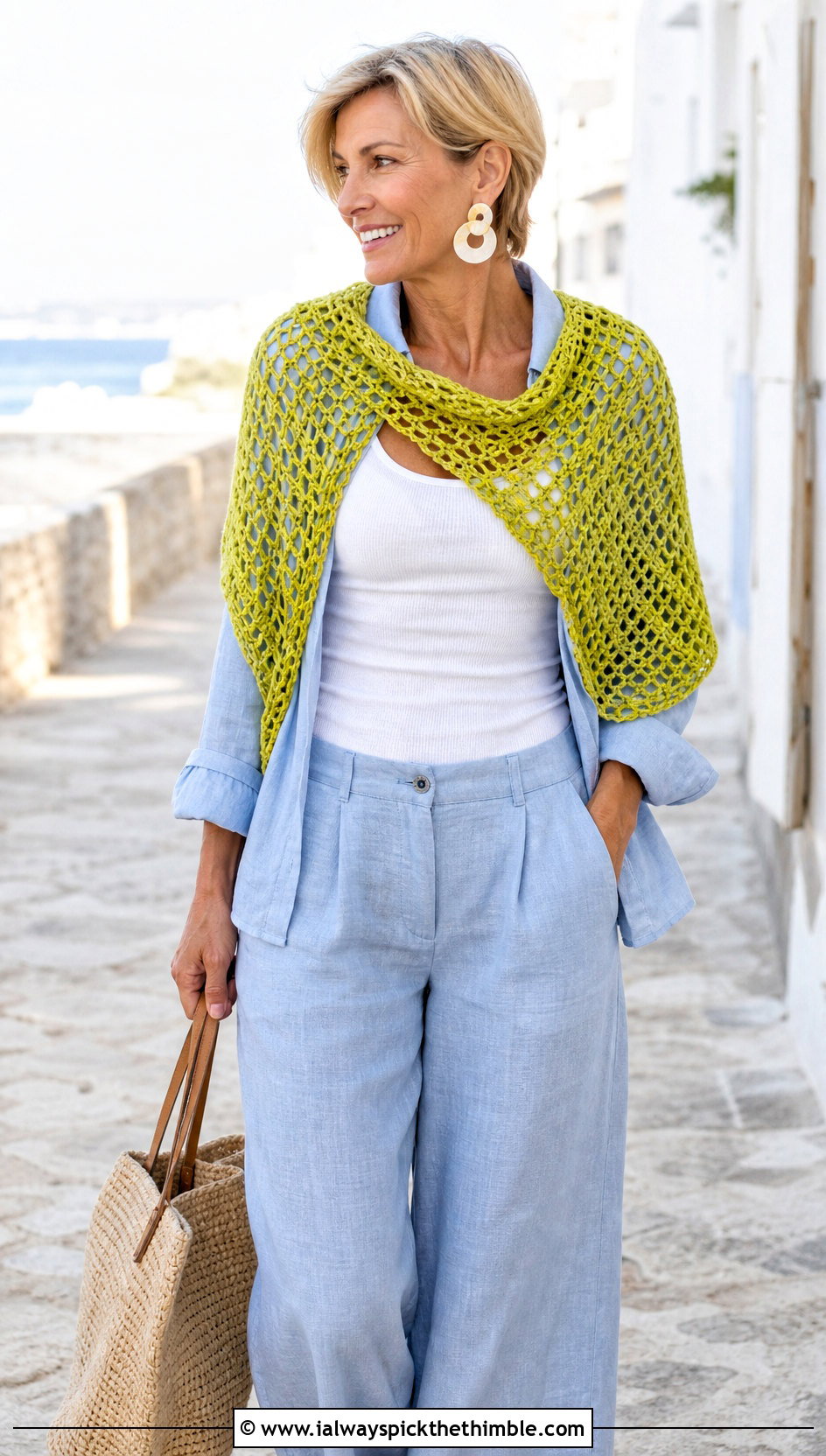 Mesh Crochet Shawlette With a Linen Set - 20 one skein crochet shawl outfit ideas