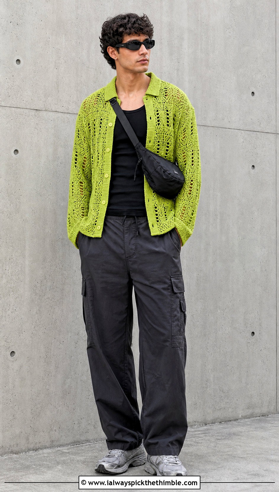 Mesh Crochet Shirt With Cargo Pants - 20 crochet unisex shirt outfit ideas