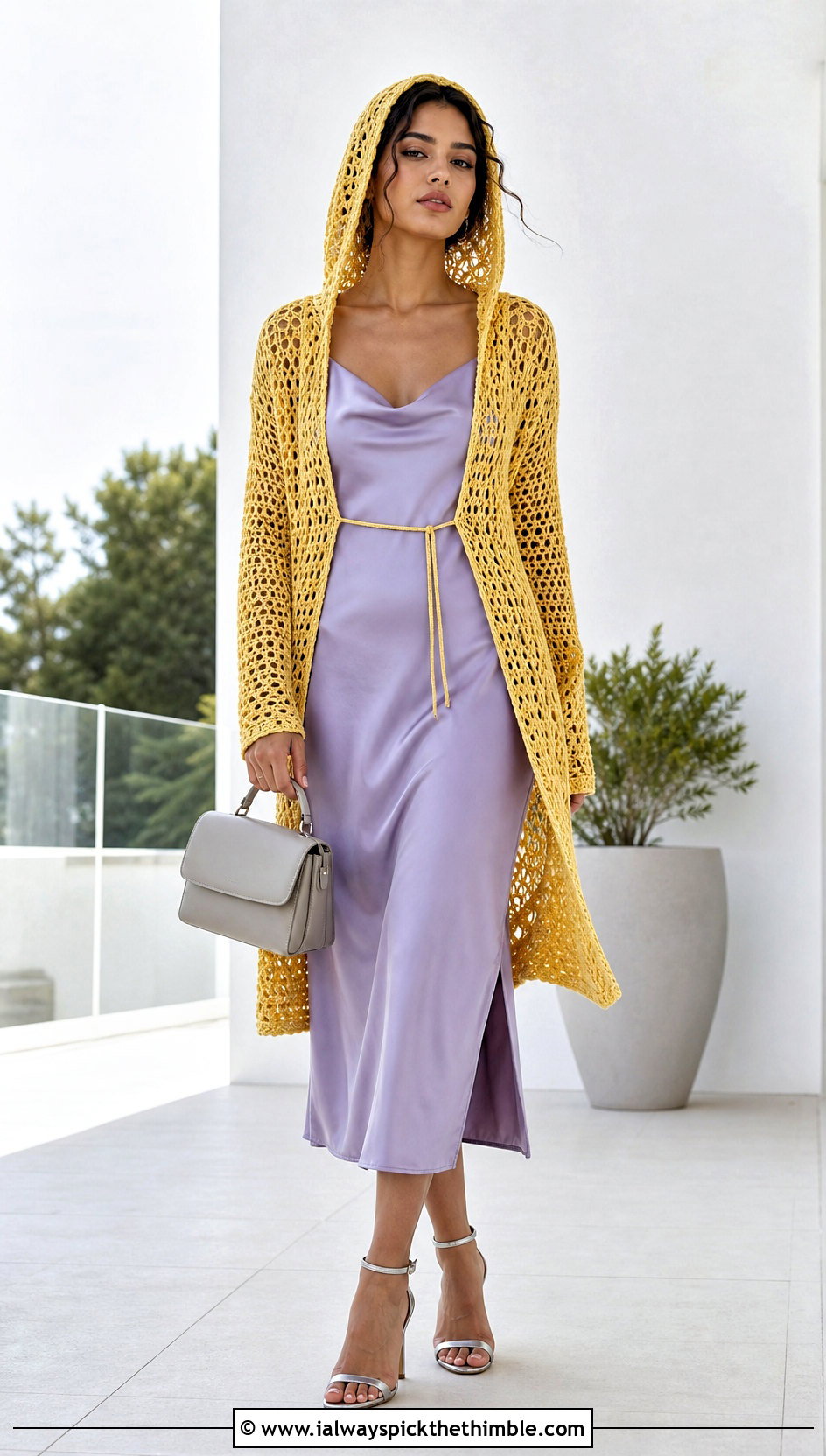 Mesh Crochet Shrug With Hood And Satin Slip Dress - 20 crochet shrug with hood outfit ideas