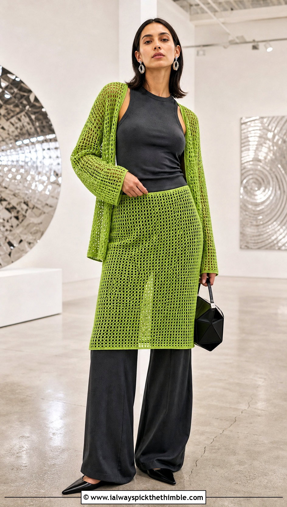 Mesh Crochet Skirt And Cardigan Set With Wide Leg Trousers - 20 Crochet Skirt And Cardigan Set outfit ideas