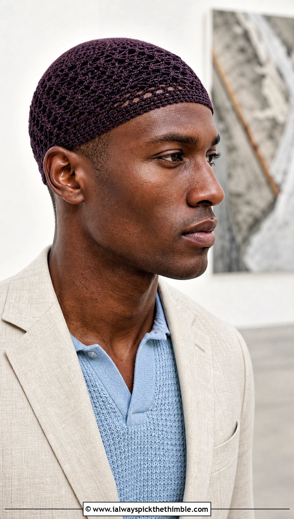 Mesh Crochet Skull Cap With Summer Suit - 25 crochet cap for men outfit ideas