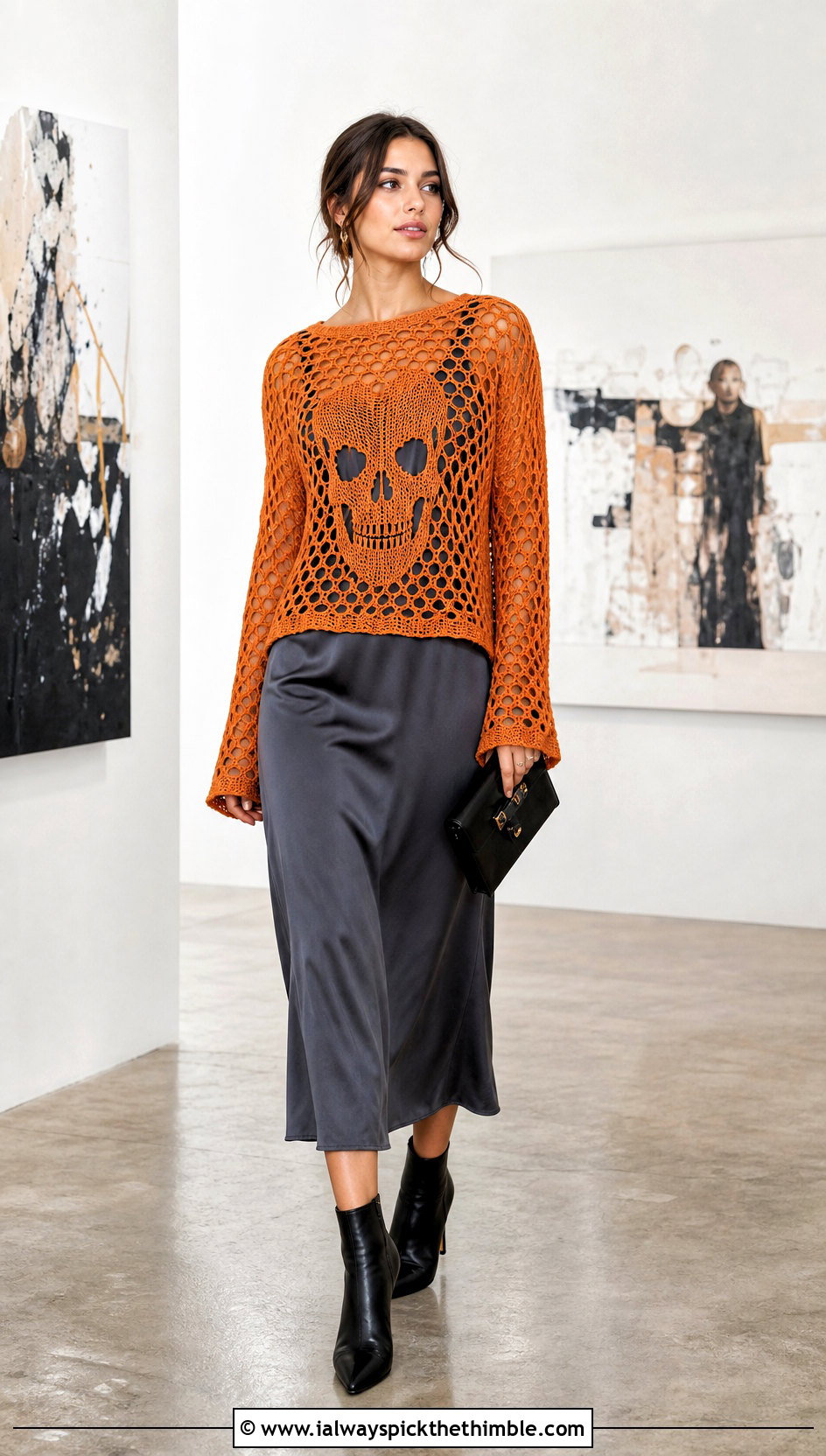 Mesh Crochet Skull Sweater With Satin Slip Dress - 25 crochet skull sweater outfit ideas