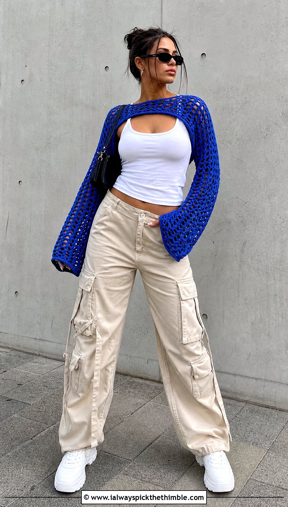 Mesh Crochet Sleeve Wrap With Cargo Pants - 25 crochet wrap with sleeves outfit ideas