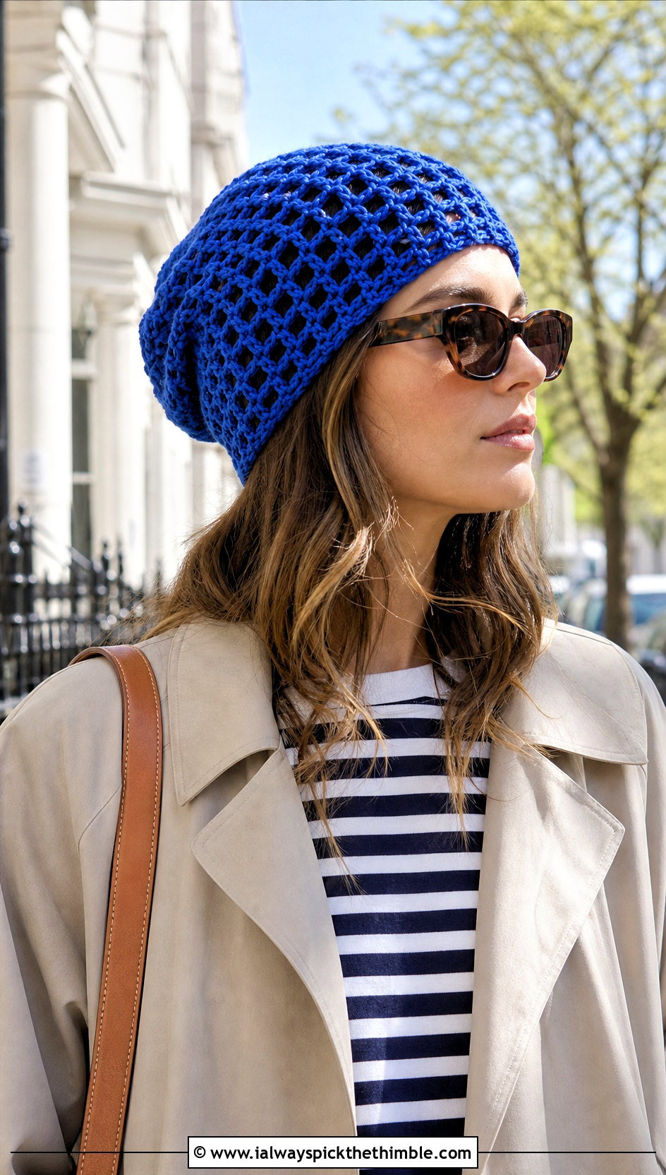 Mesh Crochet Slouch Beanie With Trench Coat - 25 crochet slouch beanie outfit ideas