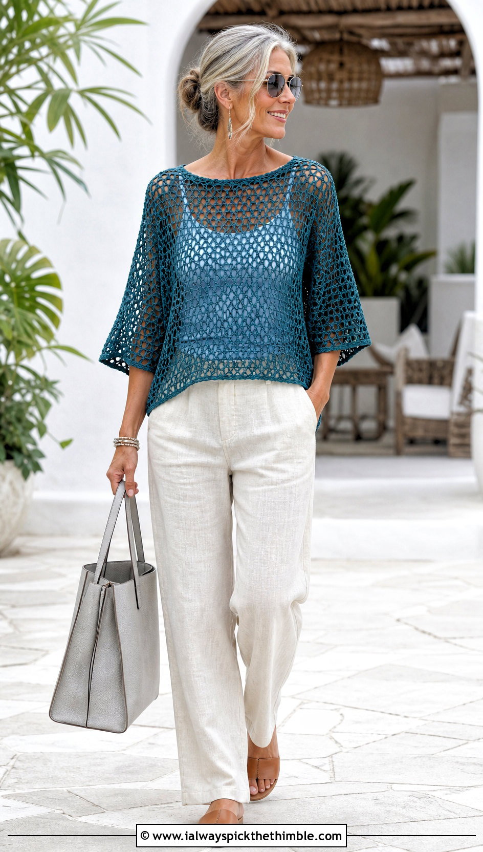 Mesh Crochet Summer Blouse With Linen Trousers - 25 crochet summer blouse outfit ideas