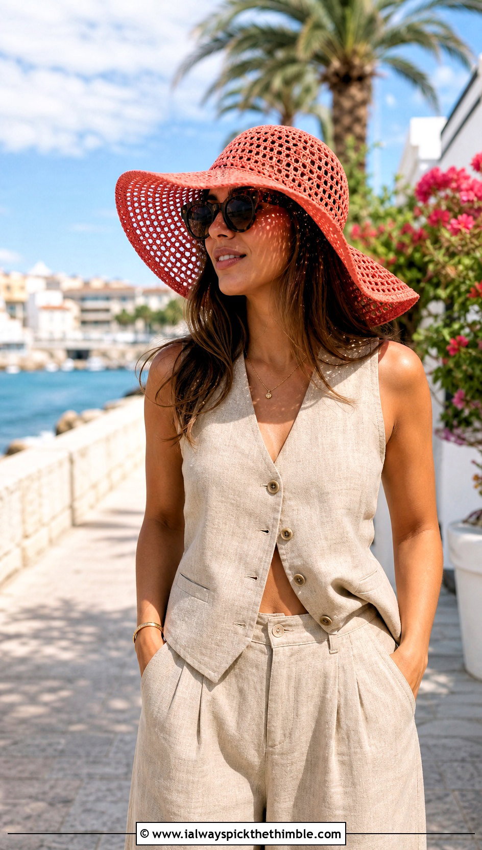 Mesh Crochet Sun Hat With Linen Set and Sandals - 15 Tiktok Crochet Hat outfit ideas