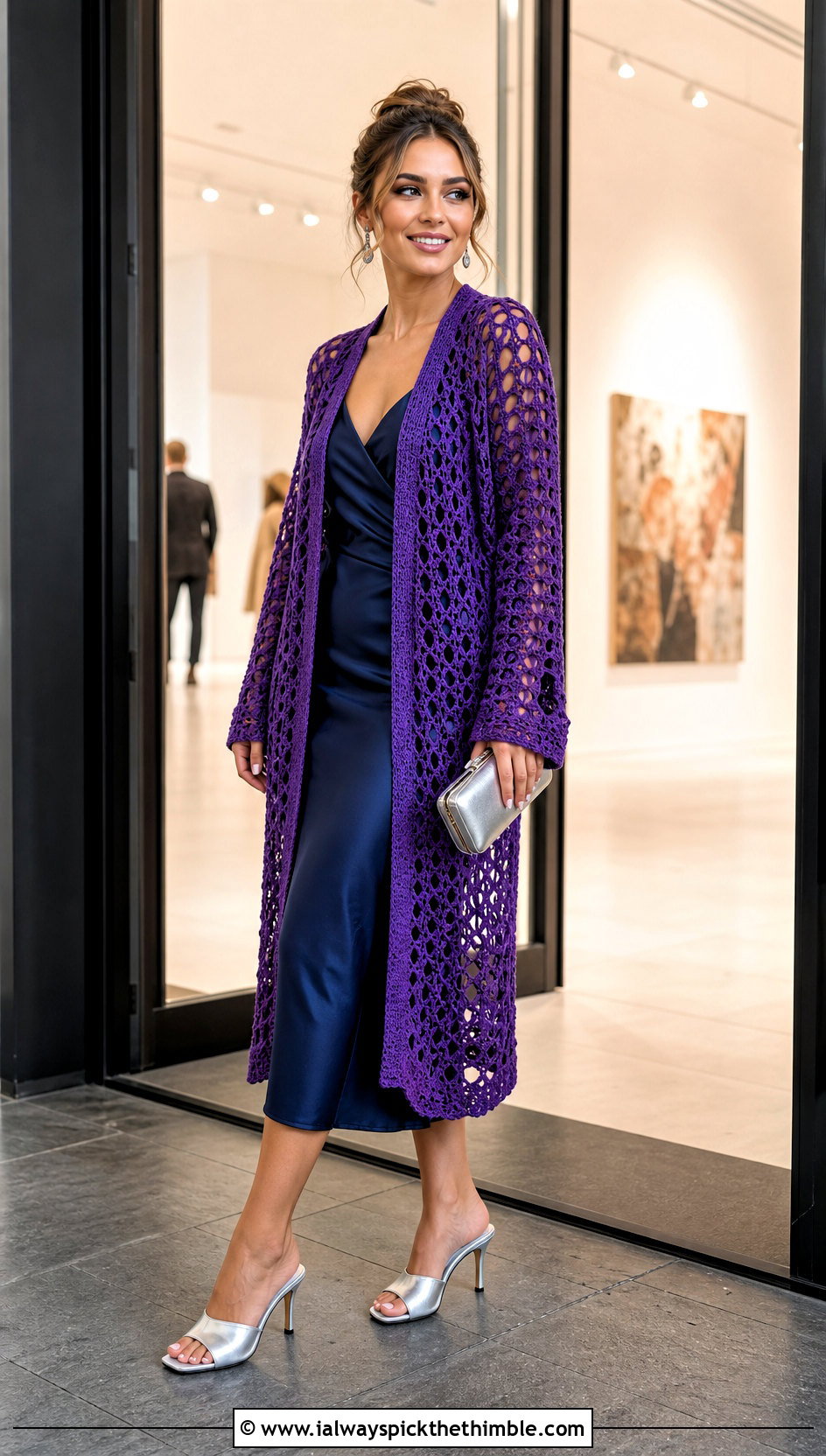 Mesh Crochet Sweater Coat With A Slip Dress - 20 Crochet Sweater Coat outfit ideas