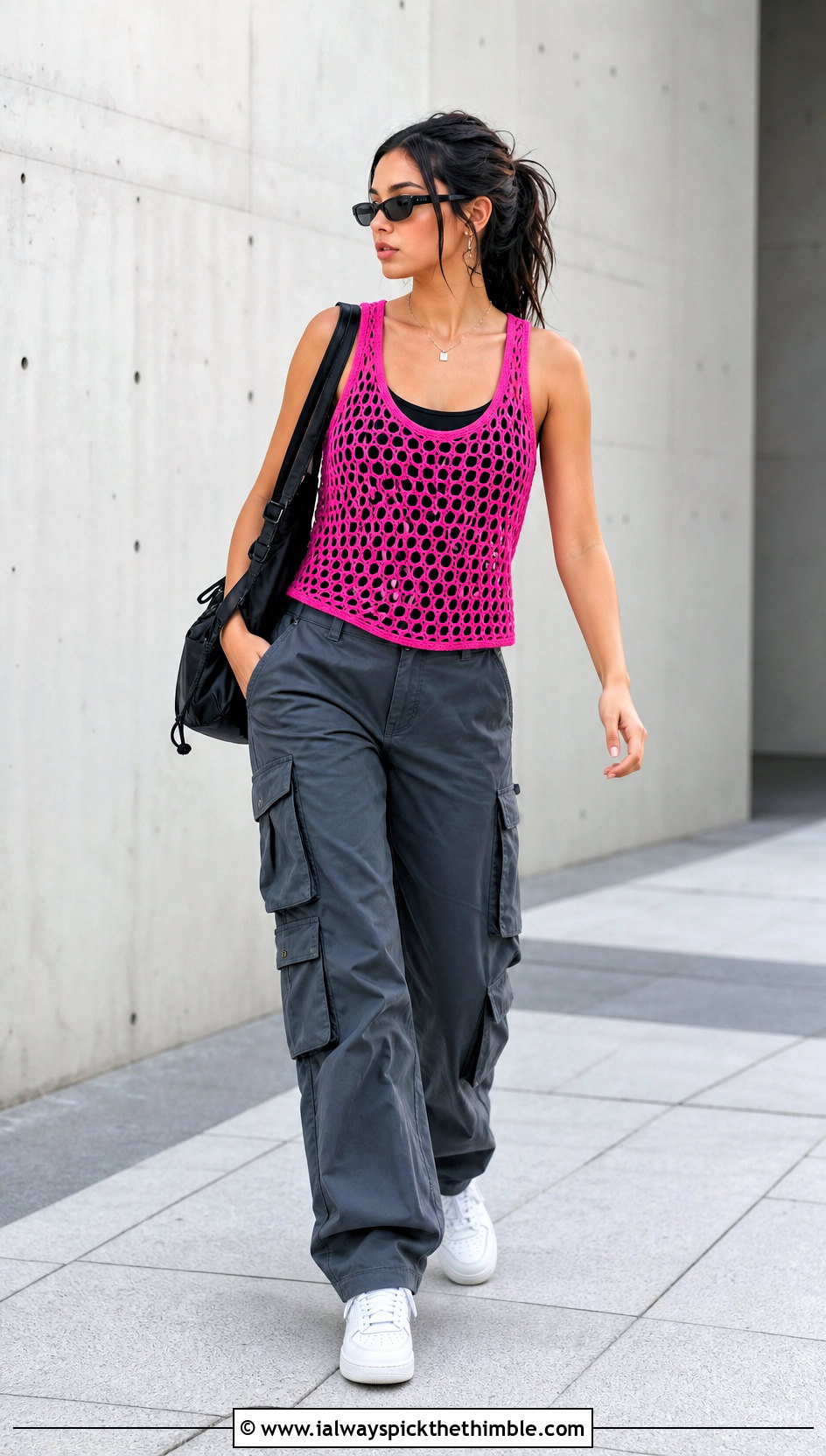 Mesh Crochet Sweater Tank With Cargo Pants - 20 Crochet Sweater Tank outfit ideas