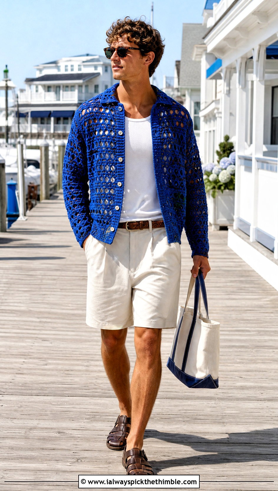 Mesh Crochet Sweater With Bermuda Shorts - 20 man crochet sweater outfit ideas
