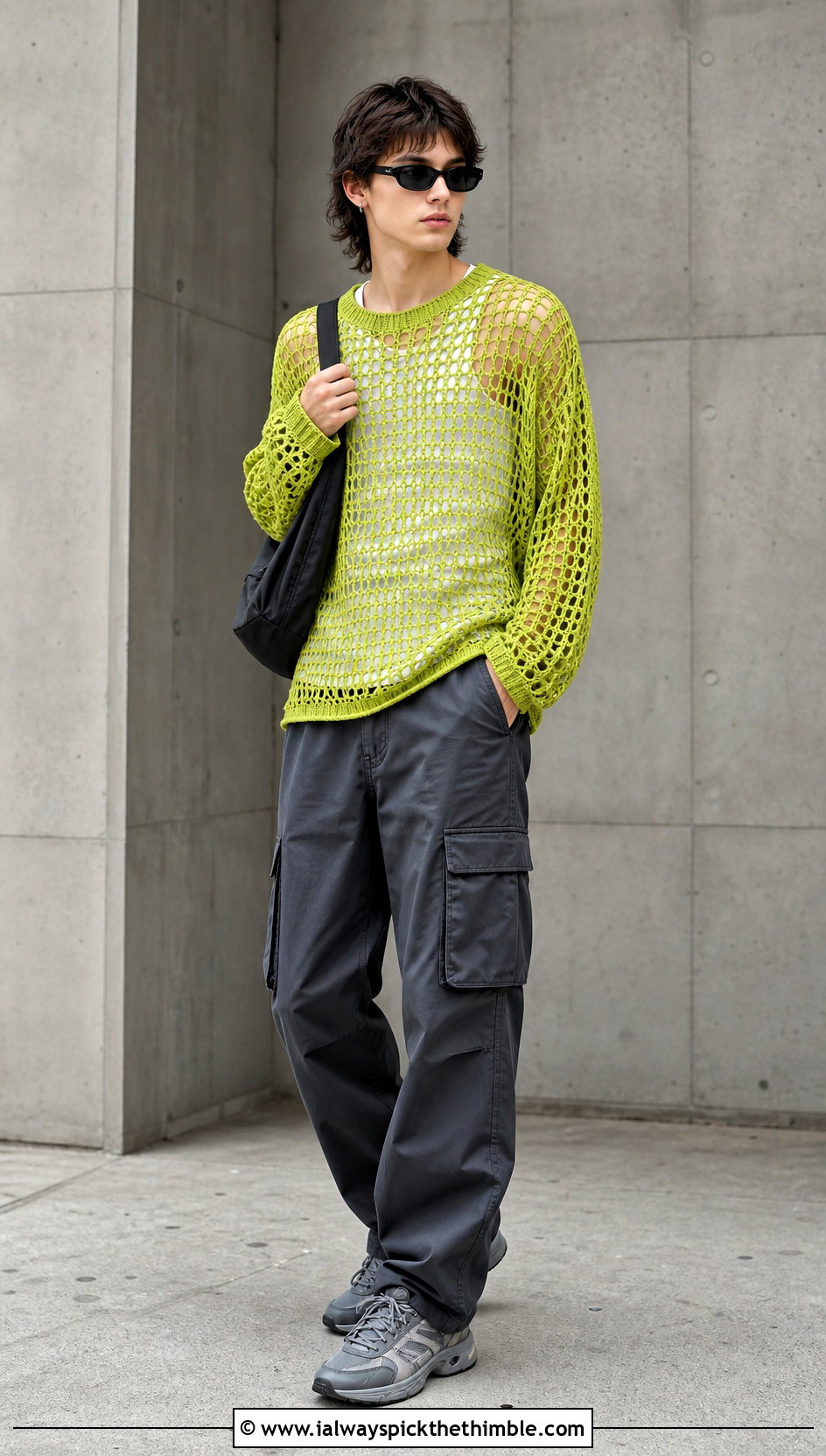Mesh Crochet Sweater With Cargo Pants - 20 unisex crochet sweater outfit ideas