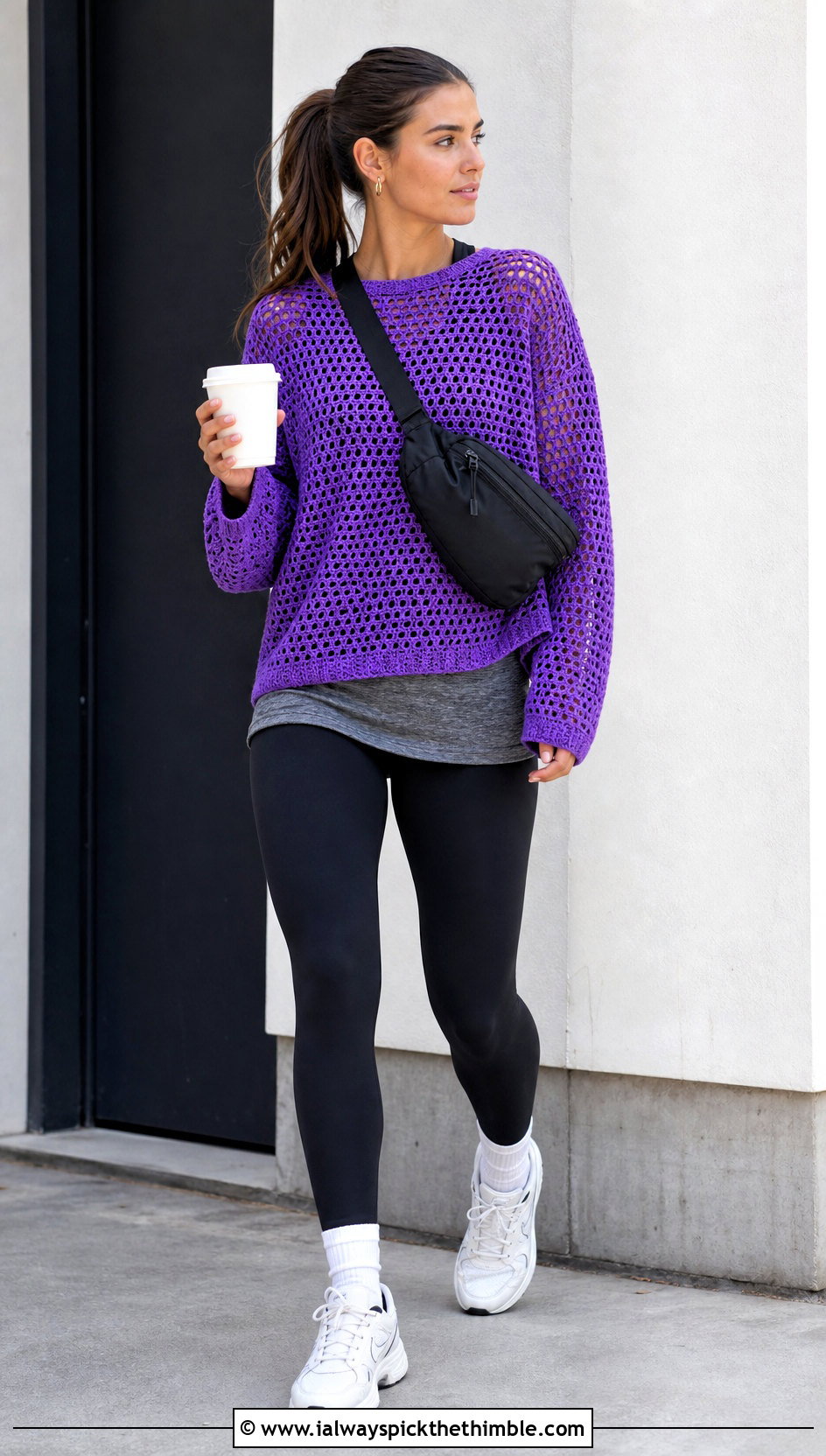 Mesh Crochet Sweater With Leggings And Sneakers - 20 fall crochet sweaters outfit ideas