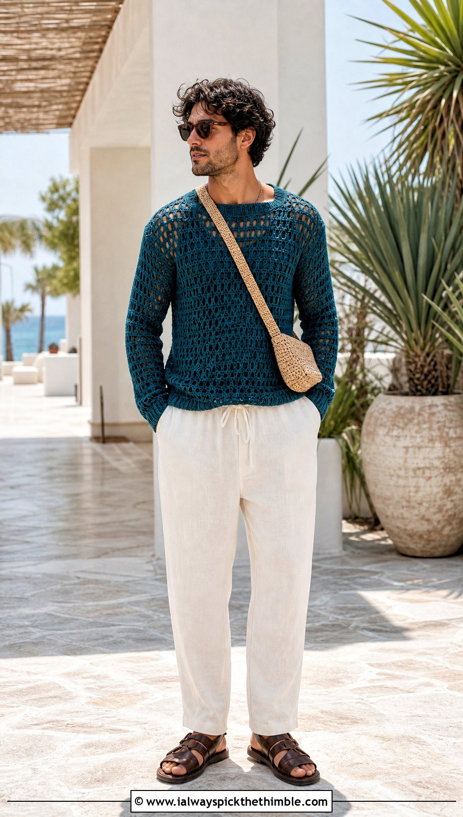 Mesh Crochet Sweater With Linen Trousers - 20 Easy Crochet Mens Sweater outfit ideas