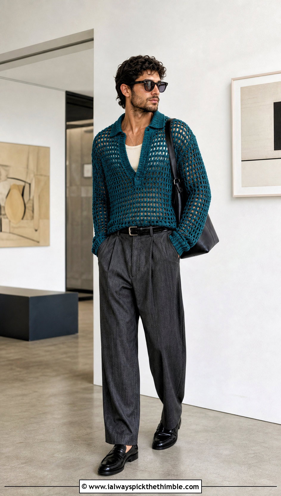 Mesh Crochet Sweater With Pleated Trousers - 20 men's crochet sweater outfit ideas