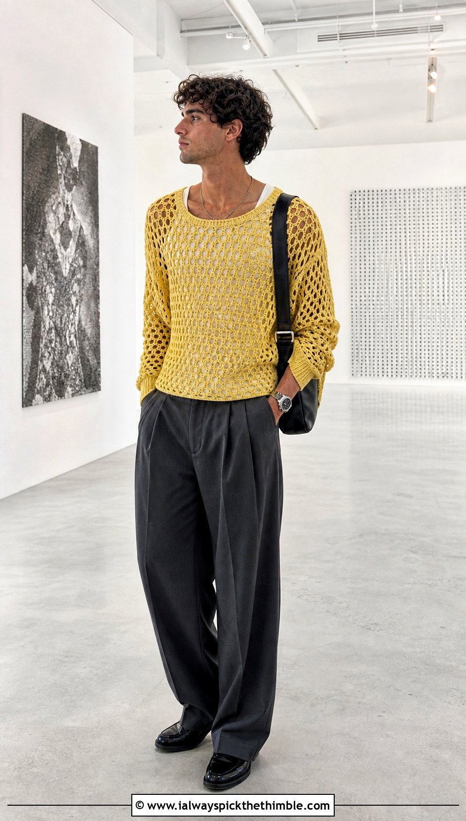 Mesh Crochet Sweater With Pleated Trousers - 20 male crochet sweater outfit ideas