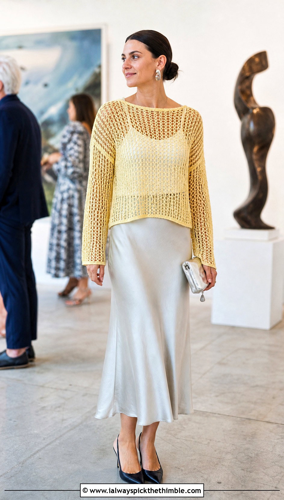 Mesh Crochet Sweater With Satin Midi Skirt - 15 vibrant crochet sweater design outfit ideas