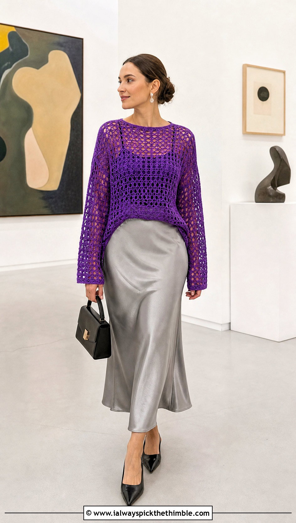 Mesh Crochet Sweater With Satin Midi Skirt - 20 cozy crochet sweater outfit ideas