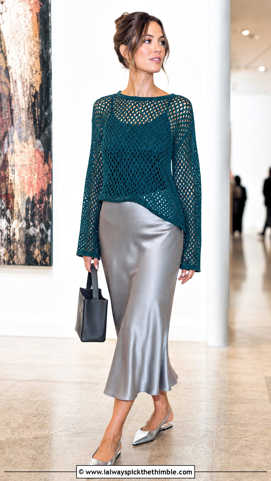 Mesh Crochet Sweater With Satin Midi Skirt - 15 adult crochet sweater outfit ideas