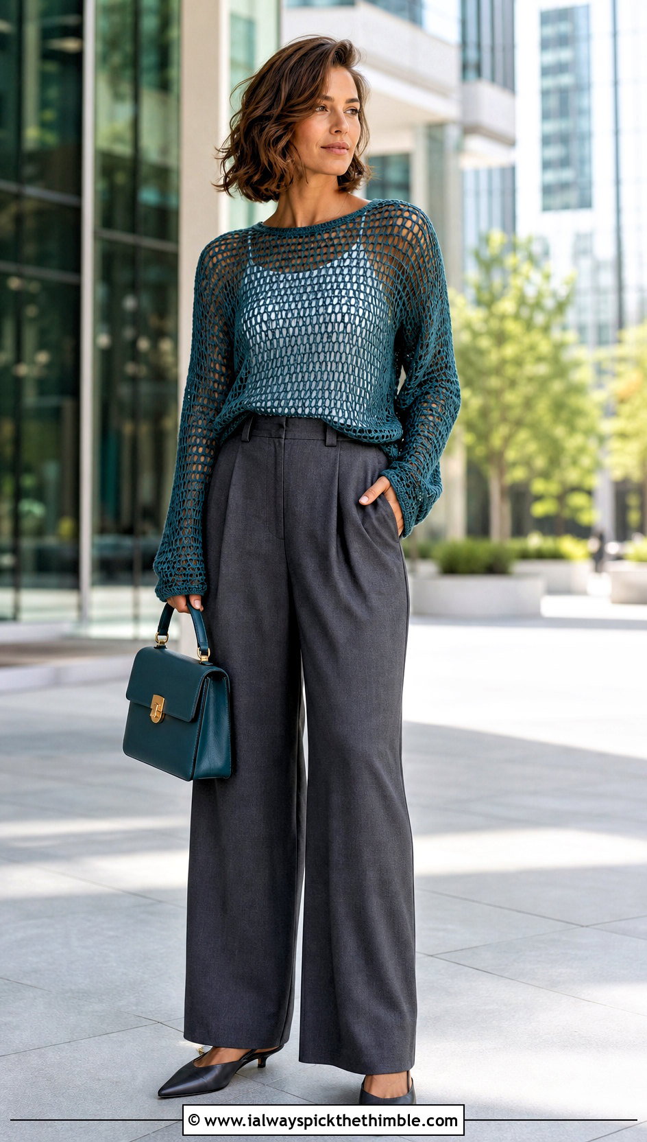 Mesh Crochet Sweater With Tailored Trousers - 15 Modern Crochet Sweater outfit ideas