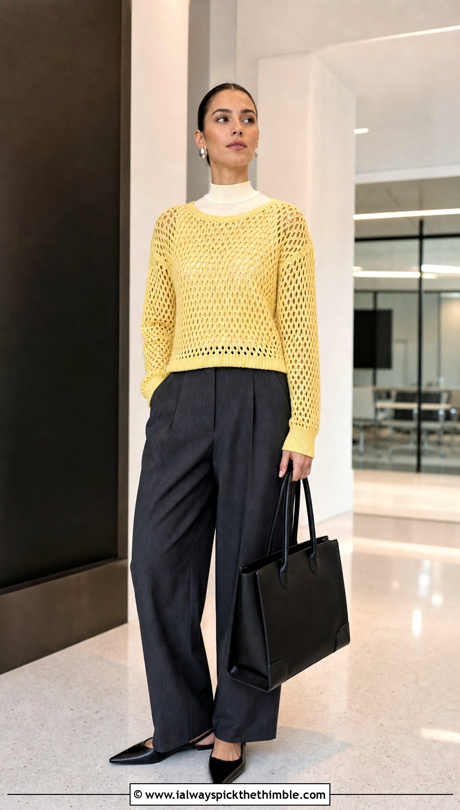 Mesh Crochet Sweater With Tailored Trousers - 20 Funky Crochet Sweater outfit ideas
