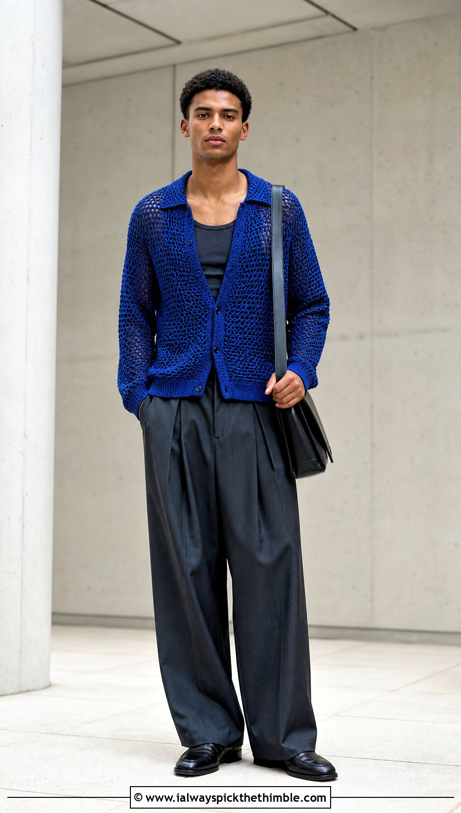 Mesh Crochet Sweater With Wide Leg Trousers - 25 men crochet sweater outfit ideas