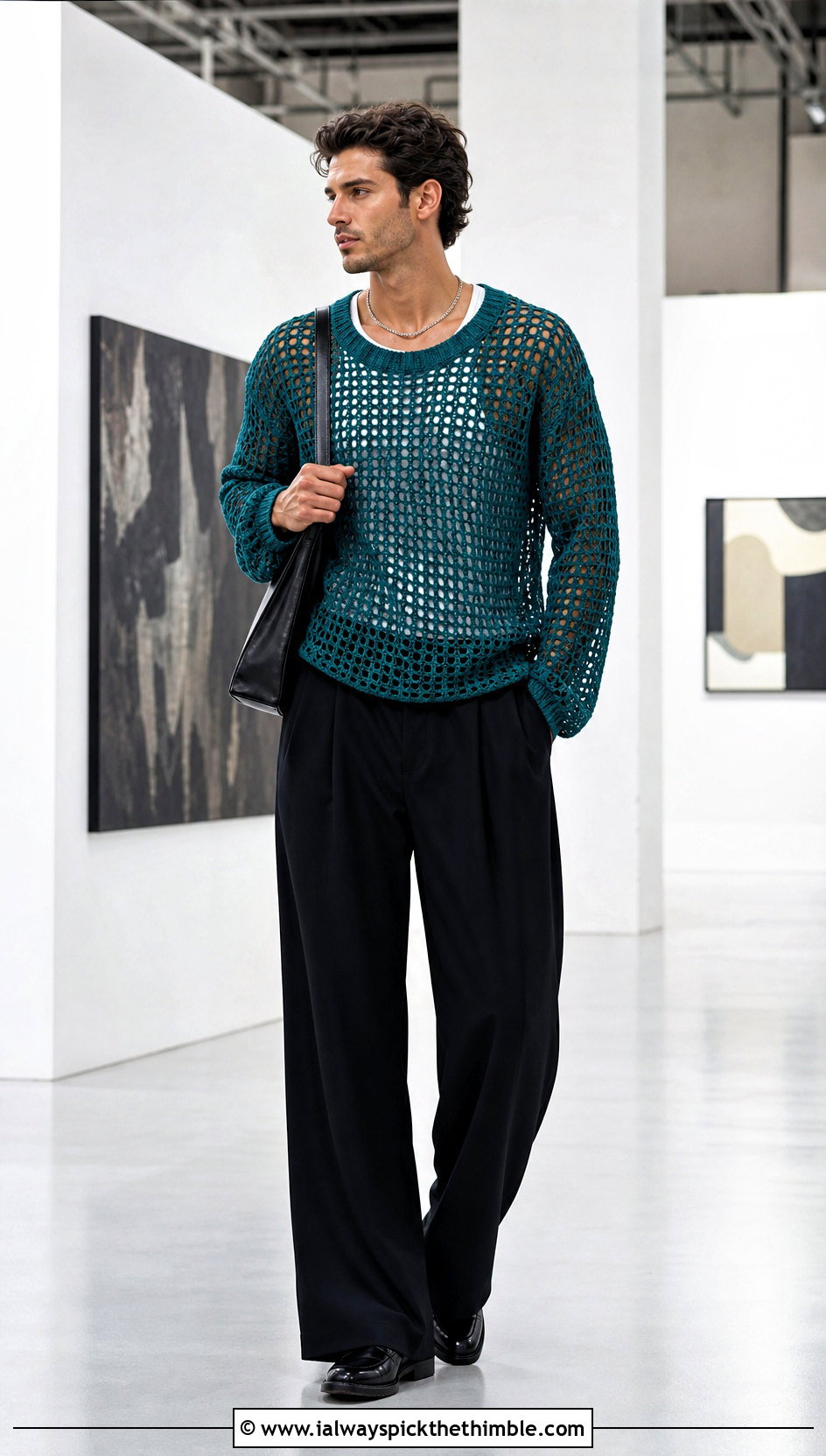 Mesh Crochet Sweater With Wide Leg Trousers - 25 crochet mens sweater outfit ideas