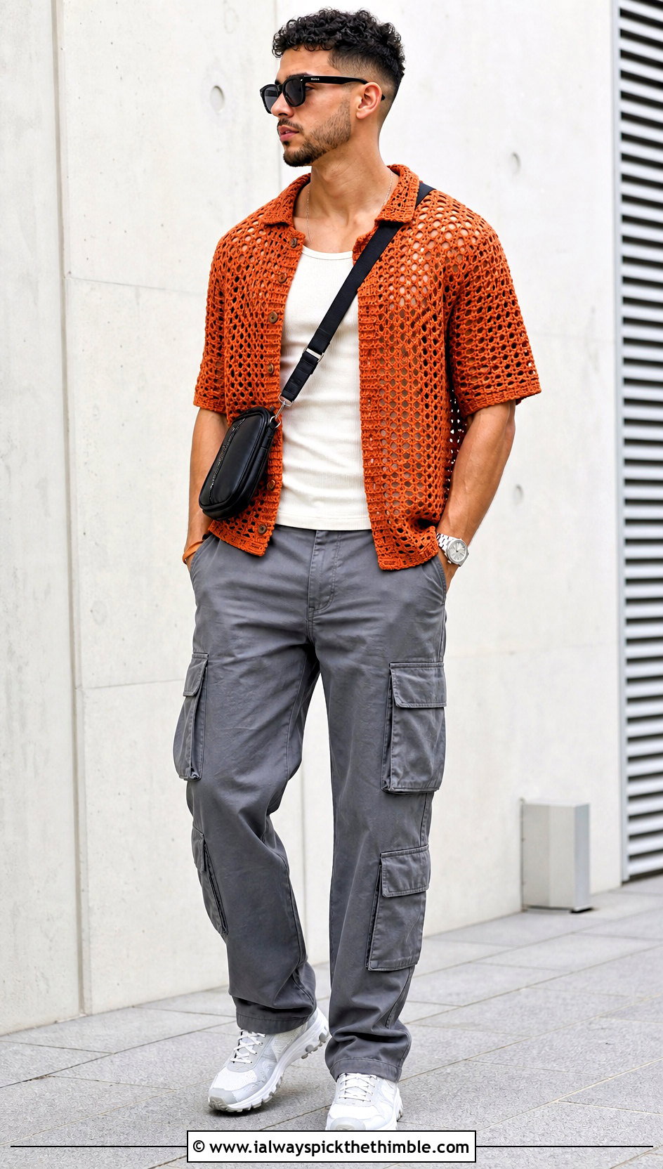 Mesh Crochet T Shirt With Cargo Pants - 20 Crochet Men Clothing and outfit ideas