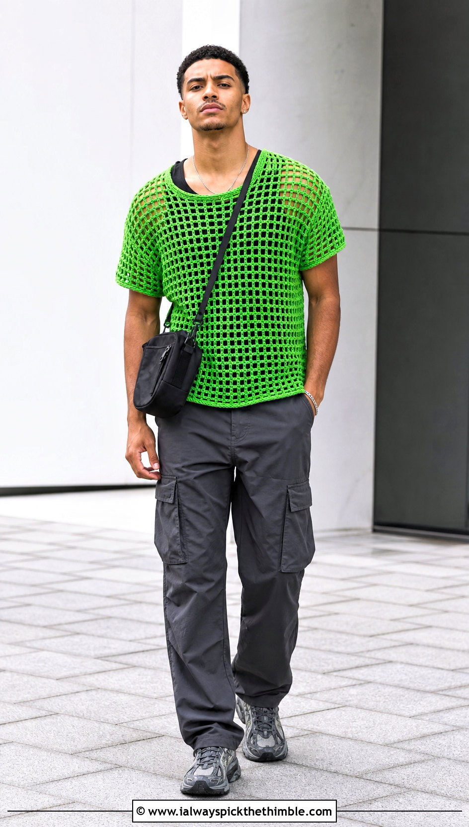 Mesh Crochet T Shirt With Cargo Pants - 25 crochet shirts for men outfit ideas