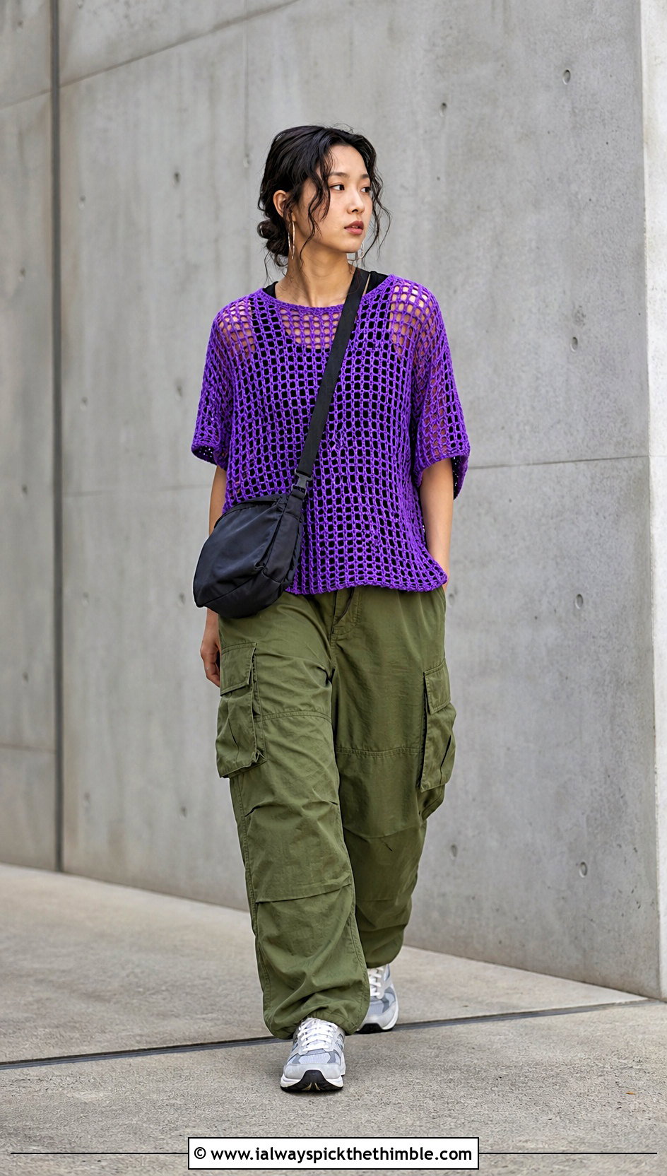 Mesh Crochet T Shirt With Cargo Pants - 25 styling crochet tops outfit ideas