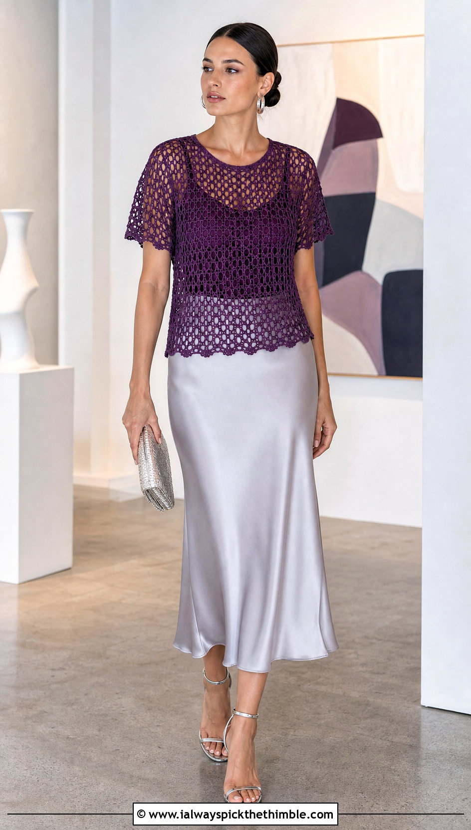 Mesh Crochet T Shirt With Satin Midi Skirt - 25 easy crochet summer tops outfit ideas