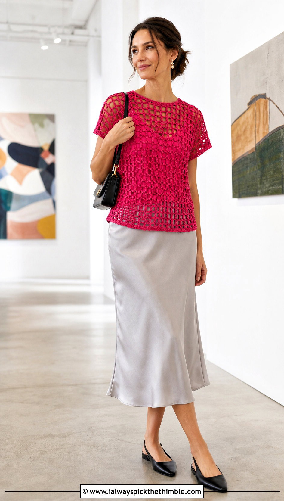 Mesh Crochet T Shirt With Satin Midi Skirt - 20 beginner crochet clothing and outfit ideas
